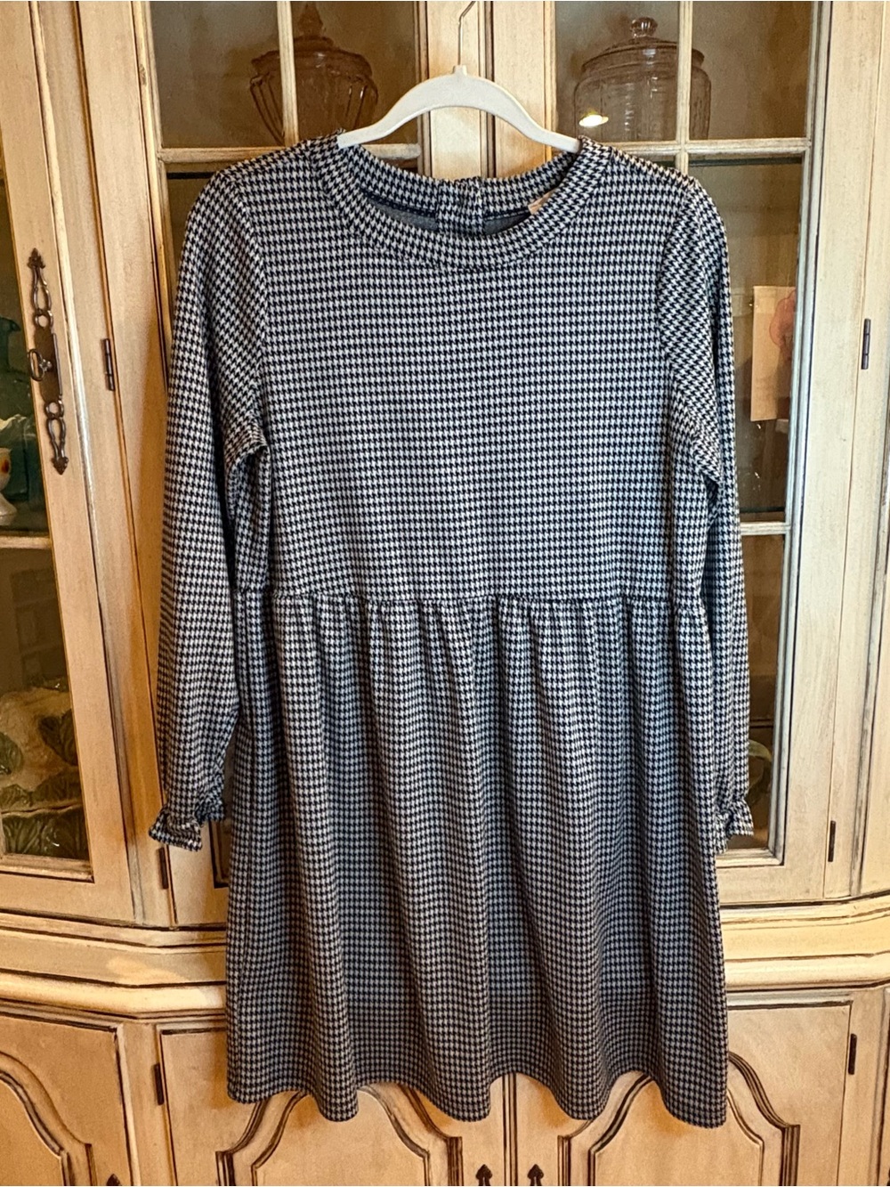 LOFT Black and Taupe Houndstooth Long Sleeve Dress
